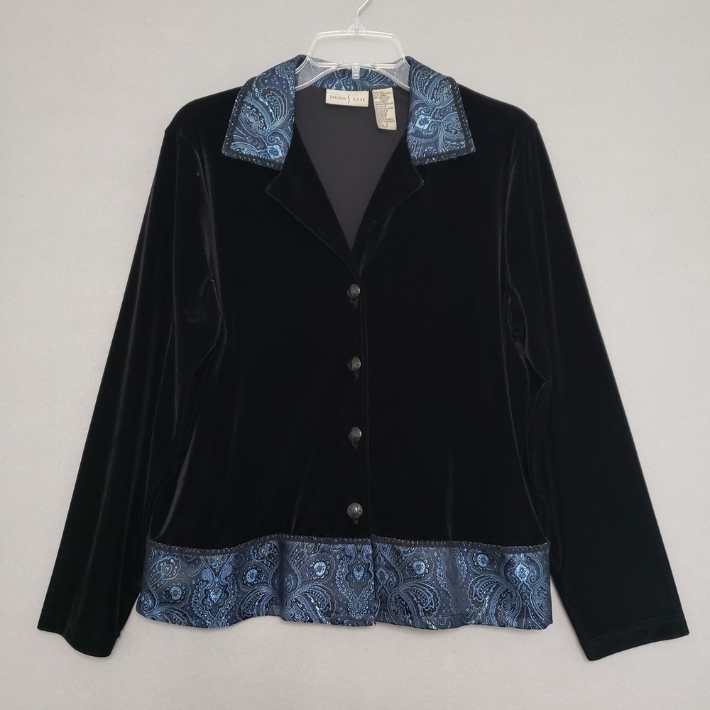 Studio Ease Womens 10 Cardigan Jacket Black Velvet Paisley Brocade Trim Dressy